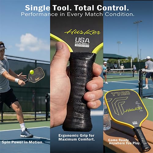 Image of Husker USAPA Approved T700 RAW Carbon Fibre Thermoformed Pickleball Paddle with Spin & Textured Carbon Friction Surface and Elongated Handle (T700-YELLOW)