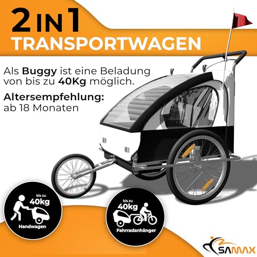 SAMAX Fahrradanhänger Jogger 2in1 Kinderanhänger Kinderfahrradanhänger Transportwagen vollgefederte Hinterachse für 2 Kinder in Weiß/Schwarz - Silver Frame