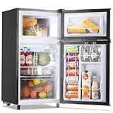 WANAI Mini Fridge with Freezer Two Doors Compact Refrigerator with 7 Setting Adjustable Thermostat Crisper Drawer & Removable Shelves Extra Drink Space Low Noise Freezer-on-Top Refrigerator, Silver