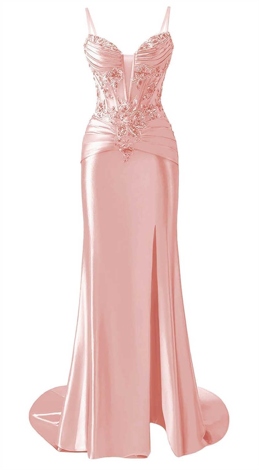 KIYNE Satin Blush Pink Prom Dresses for Teens with Slit Spaghetti Strap V Neck Ball Gown Corset Mermaid Graduation Party Dress UK8