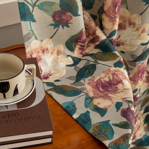 Image of ALIGOGO Floral Kitchen Curtains 54 Inch Length, Cottage Semi-Blackout Flower Curtains for Small Window, Light Filering Grommet Floral Drapes 2 Panels, 50W x 54L Inch, Taupe
