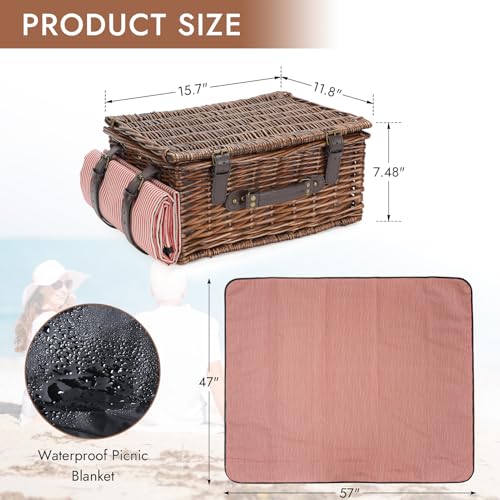 Image of Picnic Basket Set for 2 Persons with Cooler and Waterproof Picnic Blanket, Classical Wicker Picnic Baskets with Waterproof & Sand-Proof Beach Mat,Willow Hamper Service Gift Set