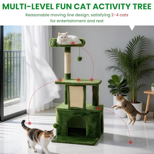 Image of 32.8inch Small Cat Tree Tower Condo for Indoor Cats, Soft Plush Multi-Level Climbing Tree Cat House with Cat Cave, Scratching Post, Sisal Rope, Green