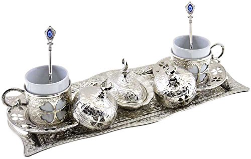 Clover Design Brass Premium Turkish Greek Arabic Coffee Espresso Serving Set for 2,Cups Saucers Lids Tray Delight Sugar Dish 11pc (Silver)