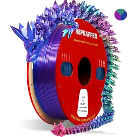 Reprapper Tri Color PLA Filament,Coextrusion 1kg PLA 1.75mm for 3D Printer, Multicolor Like Dual Color Rainbow PLA, 2.2lbs, Silk PLA Green/Blue/Rose Red Cover