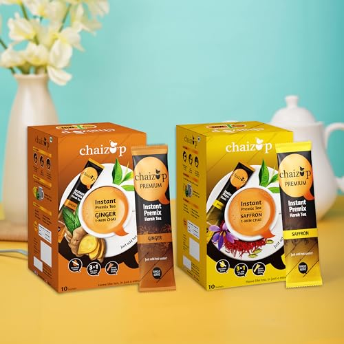 Image of Chaizup Premium 1 Min Instant Assorted Tea Pack - 20 Sachets | Ginger & Saffron Flavours | 20 Servings | 2 Packs (10 Flavours Each) | 280g