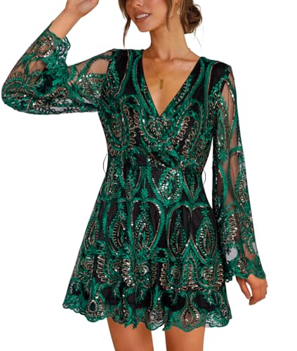 Women's Sequin Dress Long Sleeve Deep V Neck Embroidery Event Party Cocktail Mini Skater Dresses3