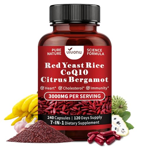 VivoNu Red Yeast Rice with CoQ10 Citrus Bergamot Supplements* | 3000mg Red Yeast Rice Citrus Bergamot CoQ10 240 Capsules