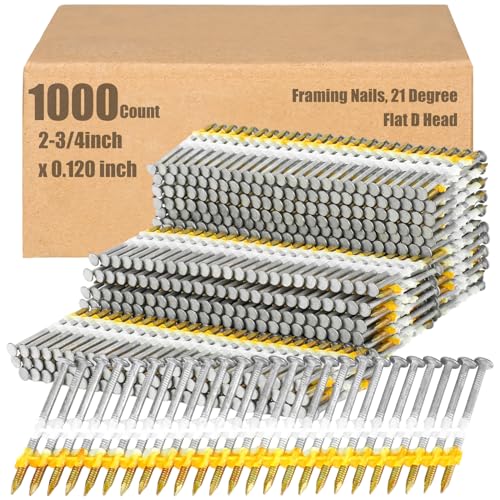 Therwen Framing Nails, 21 Degree, Flat D Head, Galvanized, Ring Shank, Plastic Row Fixed, 21 Degree Framing Nails for Use in All Pressure Treated Lumber (1000 Count,2-3/4 Inch x 0.120 Inch)
