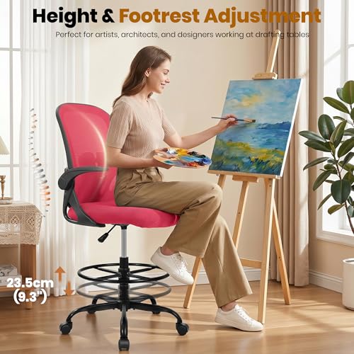 Image of Primy Drafting Chair Tall Office Chair with Flip-up Armrests Executive Ergonomic Computer Standing Desk Chair with Lumbar Support and Adjustable Footrest Ring (Fire Brick)
