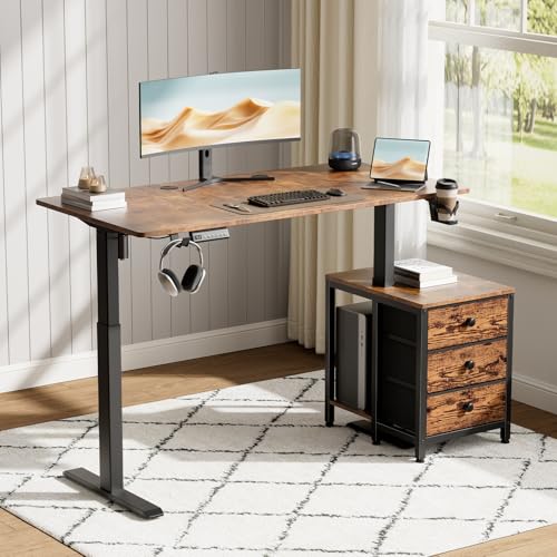 Image of REAHOME Electric Standing Desk with Drawers, 55 x 24 Inches Height Adjustable Sit Stand Desk with Storage, 3 Memory Preset Home Office Computer Desk, Printer Cabinet Cable Management, Rustic Brown