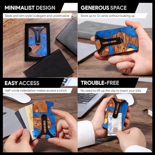 Image of Wallet for Men, Minimalist Slim RFID Blocking Resin Wood Credit Card Holder with Money Clip, Easily Removable Cash&Card Metal Wallet,Resin River,Natuarl Walnut Wood,Unique Pattern,Gift for Men