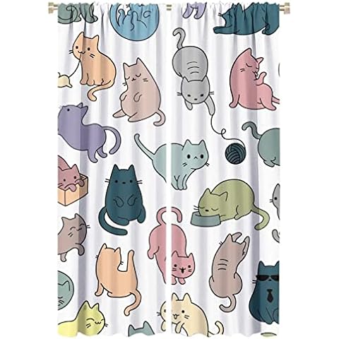 INSFBRB Cartoon Cat Rod Pocket Blackout Curtains for Living Room,Room Darkening Abstract Colorful Lovely Animals Cat Theme Window Treatment,2 Panels 63L x 21W Cover