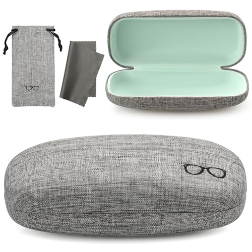 Vemiss Hard Shell Eyeglasses Cases, Linen Fabrics Protector Sunglasses Case, Large Glasses Case (Large Gray/Green)