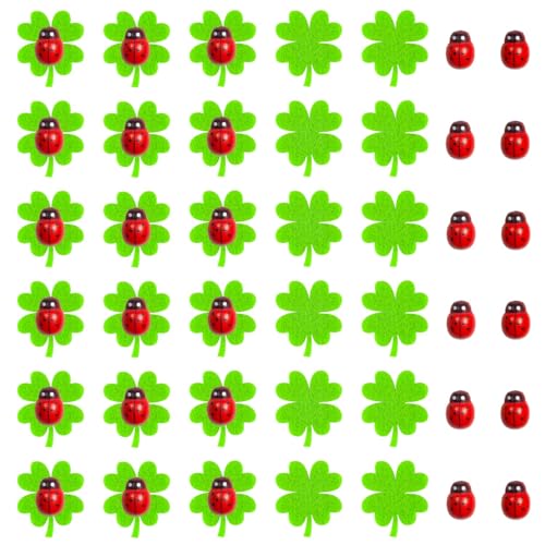 Kapokr 100 peças de decoração de joaninhas de madeira e trevo de feltro, autocolantes, joaninhas, trevo da sorte, mini besouros da sorte para artesanato, decoração de festa