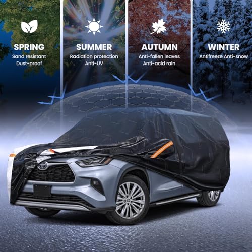 Image of Multi-Layer Car Cover Custom Fit for Toyota Highlander(2001-2026), 100% Waterproof All Weather for Automobiles, Gift with Towel, Heavy Duty Car Covers for Rain Sun UV Protection with Door Zipper