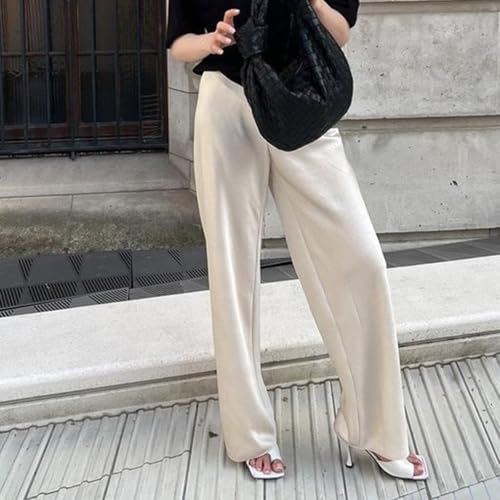 SOLILOQUY Women Y2K Satin Wide Leg Pants Casual Elastic High Waist Solid Loose Fit Lounge Pants Office Ladies Work Trousers4