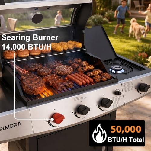 Image of 4 Burners Propane Gas Outdoor Grill 50,000 BTU, 553 Sq.in, Searing Burner, Side Burner, Porcelain-Enameled Grates BBQ Grill, Stainless Steel Propane Grill, Patio Garden Family Party Barbecues