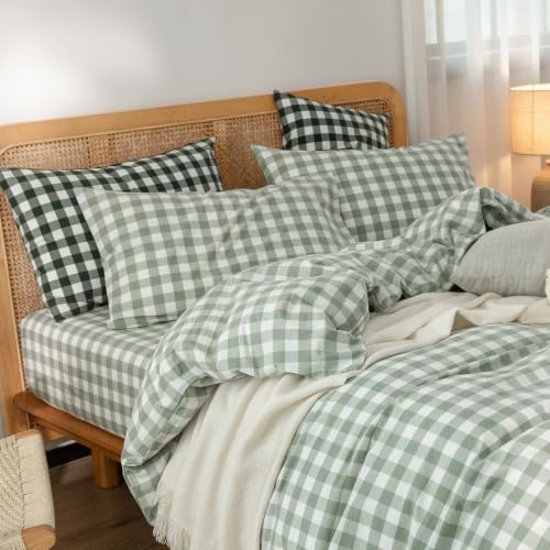 Image of BESTOUCH Gingham Cotton Duvet Cover Set Sage Green Super Queen | Washed Cotton, Linen Feel, Soft Wrinkle Texture, Hidden Zipper, 8 Ties, Breathable Lightweight Durable Comfy, 3 Pcs No Insert
