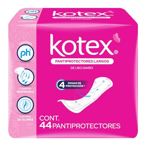 La Mejor Selección de Protectores que Puedes Comprar On-line. 43 Kotex Pantiprotectores Largo, Paquete con 44 Pantiprotectores, Ideal para Uso Diario y Control de PH