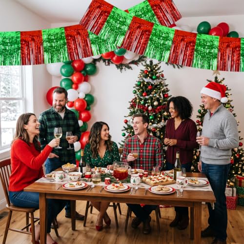 Image of BEISHIDA 3 Pack Red Green Foil Fringe Garland 30ft Wall Tinsel Banner