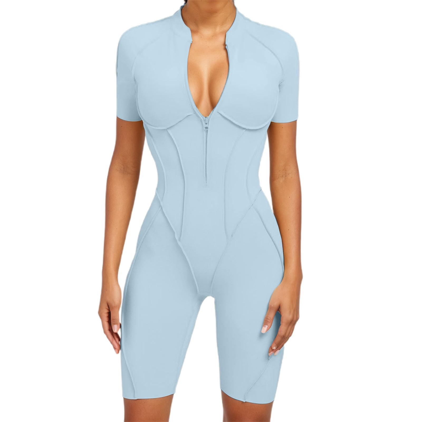 Generisch Combinaison de sport courte pour femme, avec fermeture éclair sur le devant, manches longues, dos nu, push-up, avec poches, short de fitness, une pièce, pour entraînement, yoga, gym, course