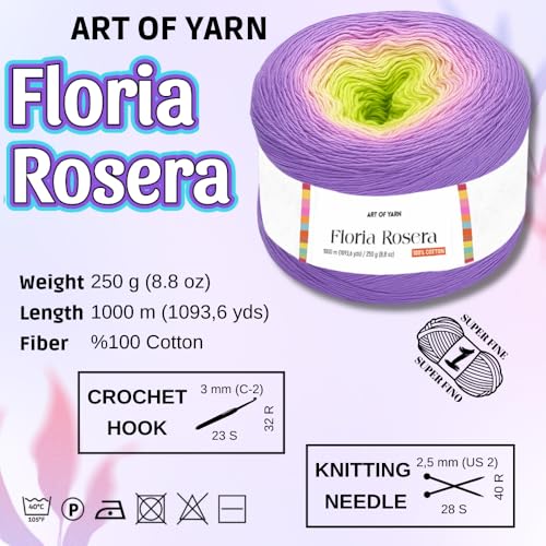 Image of Floria Rosera Ombre 100% Cotton 250g (8.80oz) 1094 Yards Fine 1 Vibrant Multicolor Rainbow for Crochet Knitting Amigurumi Crafts Ideal for Spring Summer Projects Thick Soft