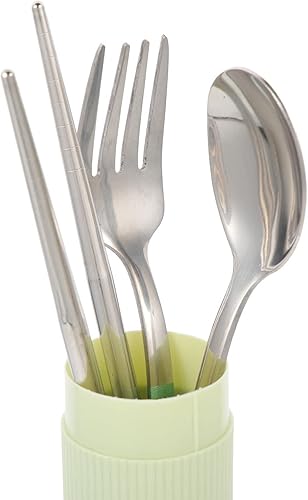 Miniatura 5 de Hemoton Juego de cubiertos de acero inoxidable, utensilios reutilizables portátiles, para viajes, campamento, juego de cubiertos de tenedor,