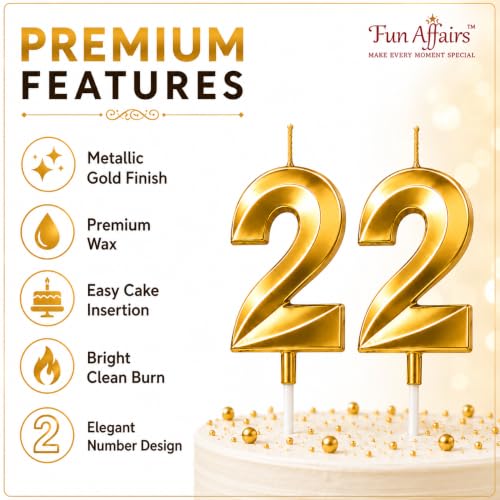 Image of Number Candles3 Inch For Birthday, Wedding, Engagement, Valentines Day Celebration, Bridal Shower, Bachelors Decoration Gold (Numerical No 22), Wax, Unscented