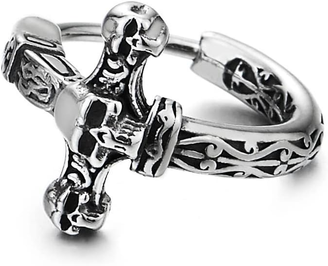 Cross Huggie Hinged Hoop Earrings for Men Womens, Stainless Steel Vintage Skull Tribal Filigree Pattern - Image 4