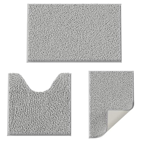 RUN HELIX Bathroom Rugs Set 3 Pieces Extra Soft and Absorbent Shaggy Non-Slip Bath Rugs, Chenille Bathroom Mats, Bathrooms Set with Toilet Rugs, Perfect Bath Mats for Bath Tub, Shower, Light Grey