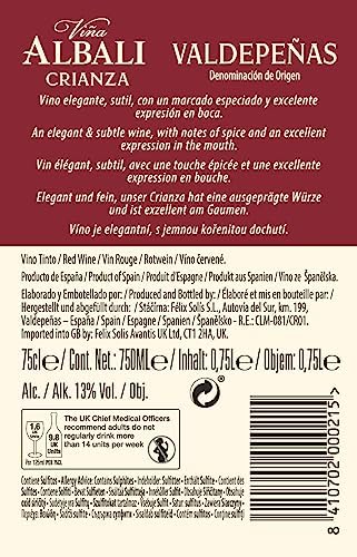 Viña Albali Tempranillo Crianza D.O. Valdepeñas Vino - Para Adultos - Paquete de 6 x 750 ml - Total: 4500 ml