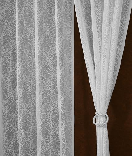 Image of Fabrilia Premium White Net Curtains Set of 2 | Sheer Leaf Pattern Drapes for Long Door 9 feet | Semi Transparent Lace Curtain for Living Room, Bedroom & Balcony