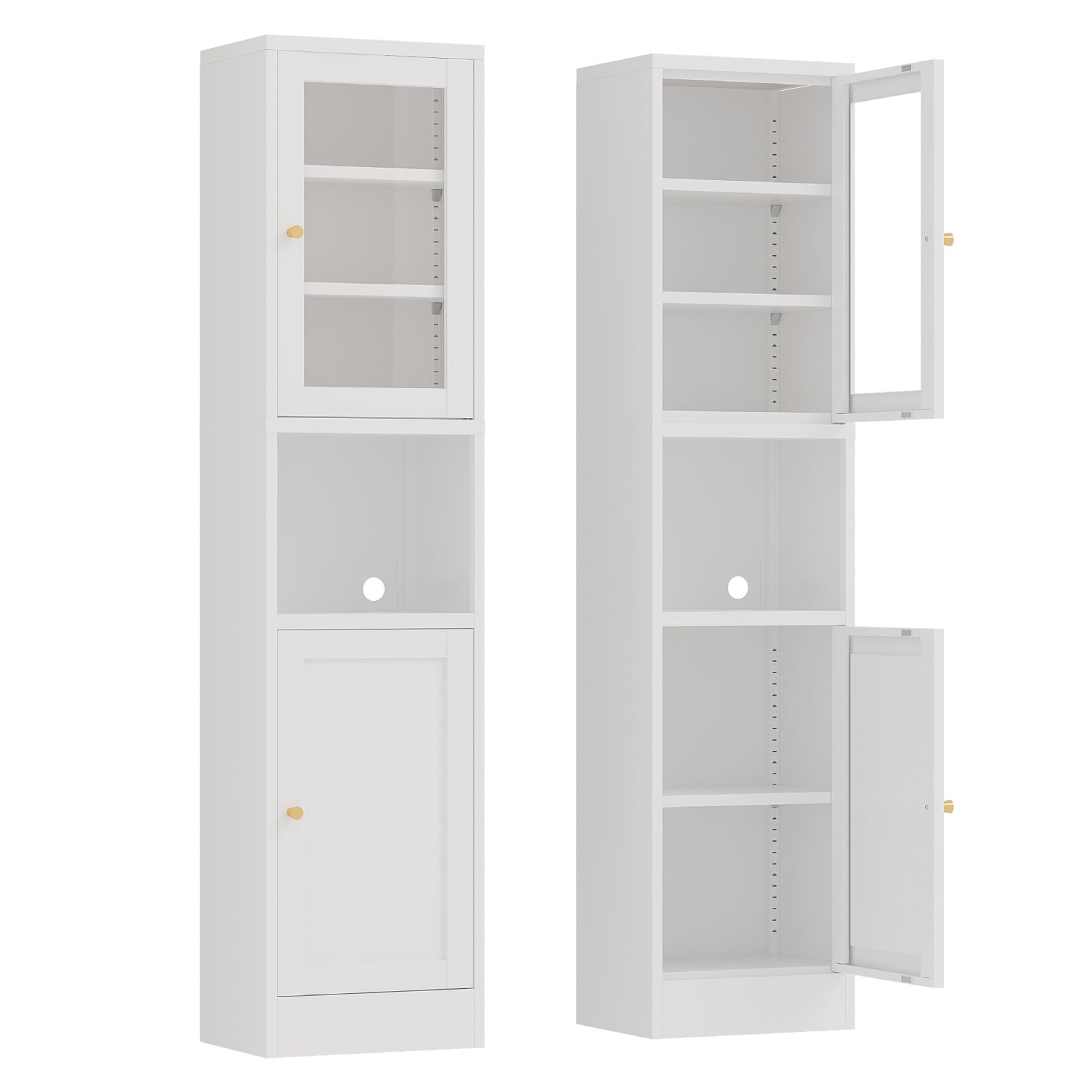 67" Tall Narrow Storage Cabinet with Glass Door and Open Shelf,Metal Pantry Cabinet with Adjustable Shelves,Shaker Style Slim Cabinet for Bathroom Kitchen Small Spaces, White, 1Pc