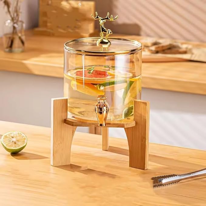 LEOMORD Glass Beverage Dispenser with Bamboo Stand and Spigot, 2.5L Capacity, Wide Mouth Design for Iced Water, Juice, Lemonade