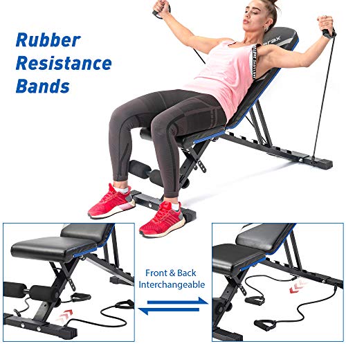 Merax Adjustable Workout Bench with Resistance Bands, Folding Utility 500LBS Super Max Weight Bench 7 Position AB Incline Gym Equipment
