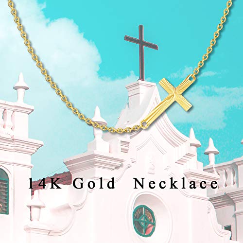 Solid 14K Gold Sideways Cross Choker Necklace Crucifix Cross Necklace Anniversary Mother's Day Jewelry Gifts for Her,16 Inch3
