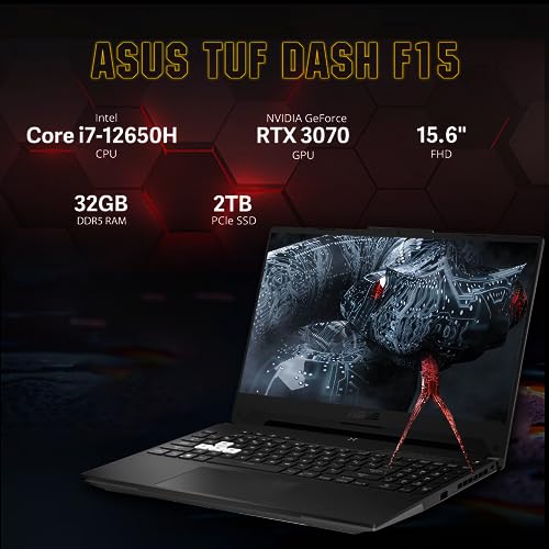 Asus 2022 TUF Dash 15.6 '144Hz Gaming Laptop, Intel 12th Core i7-12650H, 32GB DDR5 RAM, 2TB PCIe SSD, grafica NVIDIA GeForce RTX 3070 8GB, tastiera retroilluminata, Win 11 Pro, nero, scheda USB, | - Notebook - Immagine 1