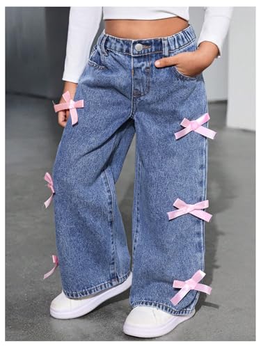 WDIRARA Toddler Girl's Bow Knot Baggy Denim Pants Elastic High Waisted Wide Leg Jeans3