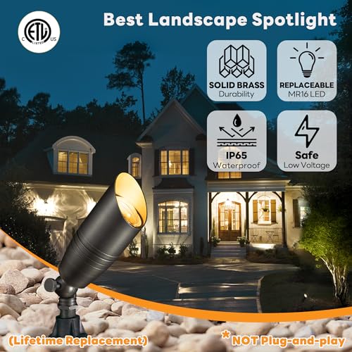 Gardenreet Die-Cast Brass Spot Light Outdoor - 12V LED Uplighting Waterproof, Low Voltage Landscape Lights Bright, Metal Direct Wire Bronze for Fence Fountain Without MR16 Bulbs (12 Pack) - Thumbnail 2