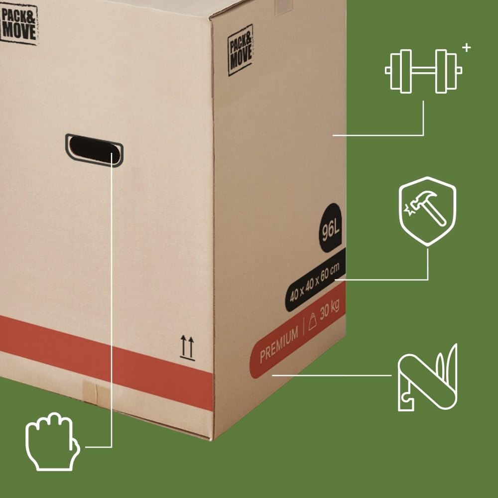 Pack And Move – Lote de 60 cajas de mudanza premium – 40 x 40 x 60 cm – Extrema resistencia 25 kg – Reutilizables – Doble grosor – Asas reforzadas – 3 adhesivos disponibles