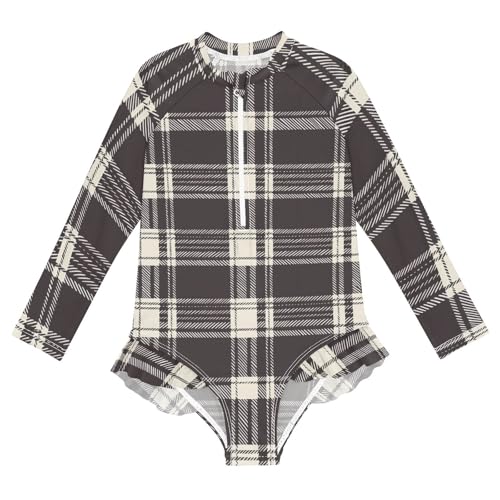 Girls One Piece Swimsuits Long Sleeve Swimsuit Zipper Bathing Suits Cream Black Buffalo Plaid Checkered