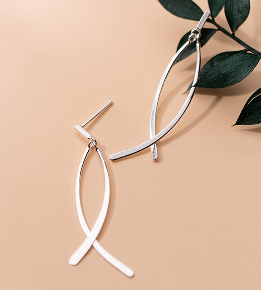 SLUYNZ Solid 925 Sterling Silver Shiny Bar Dangle Earrings for Women Teens Flat Bar Dangle Earrings Curve Line Earrings