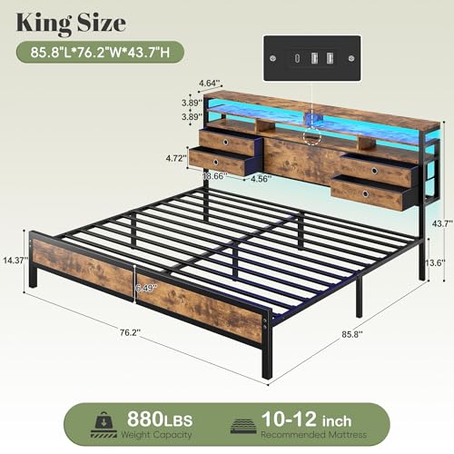 Image of Homkdom King Bed Frame with 3-Tier Storage Headboard & 4 Fabric Drawers, Metal Platform Bed Frame with LED Light & Charging Station,Noise-Free,No Box Spring Needed,Easy Assembly,Rustic Brown