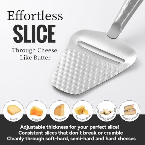 Image of Stainless Steel Cheese Slicer - Effortless Slicing for All Cheeses - Premium Handheld Cheese Cutter - Cheese Plane for Block Cheese - Quilted Pattern Reduces Resistance, Non-Stick & Ergonomic Grip