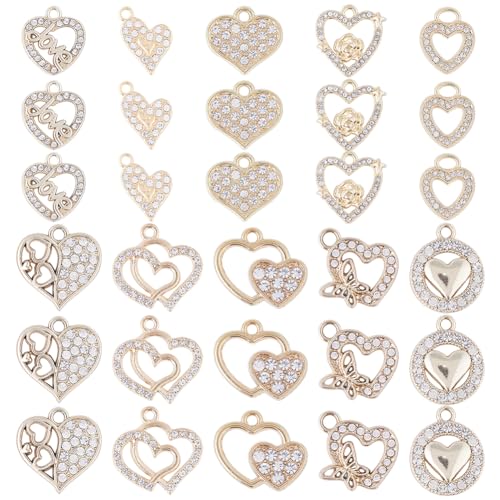 SUNNYCLUE 1 Box 40Pcs Valentines Day Heart Rhinestone Charms Heart Charms Love Charm Bulk Charm Crystal Hollow Love Pendants for jewellery Making DIY Earrings Bracelet Necklace Gift Supplies