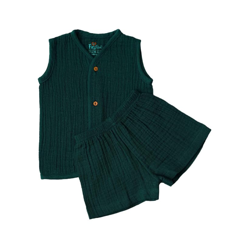 FIRST IN Muslin Bubble Crinkle Jabla Shorts Set for Baby Boys & Girls | Sleeveless Soft Cotton Muslin Infant Clothing | Lightweight Outfit