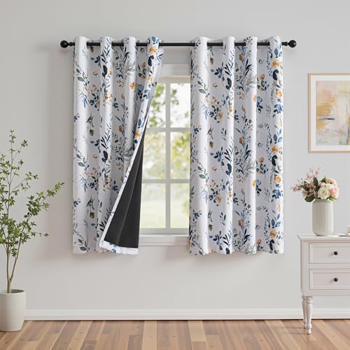 Image of MYSKY HOME 95% Blackout Floral Curtains 63 inch Long 2 Panels for Bedroom Living Room Flower Patterned Room Darkening Thermal Insulated Soundproof Grommet Window Treatments, 52 inch Wide, Yellow and Blue