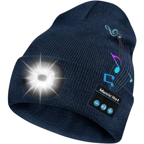 Bosttor Bluetooth Beanie Hat with Light, Upgraded Musical Knitted Cap with Headphone and Stereo Speakers & Mic, LED Hat for Running Hiking, Unisex Christmas Gifts for Men Women Teens, Navy Blue
