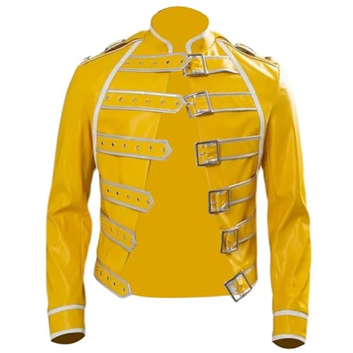 Men's 80s Band Attire Rock Costume Yellow Leather Jacket Mens Singer Costume Halloween Carnival Party Cosplay Outfits (Only Jacket, L)